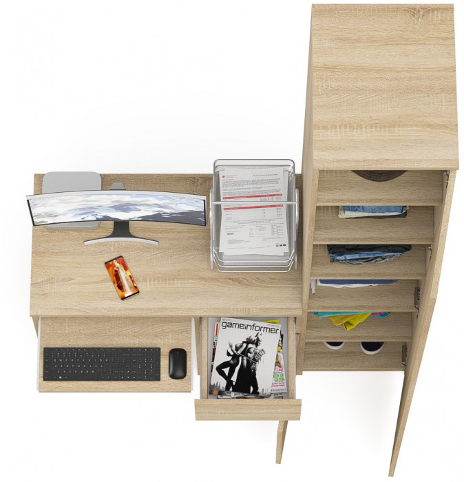 Мори компьютерный стол МС-1 правый + Пенал МШ400.1, дуб сонома