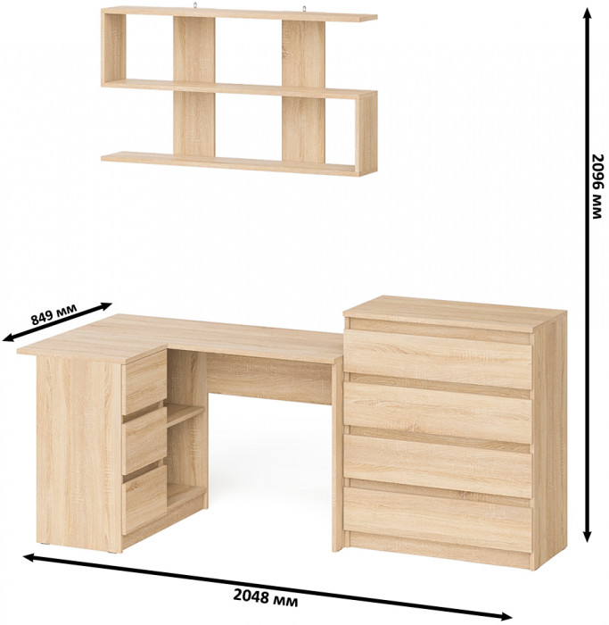 Мори компьютерный стол МС-16 левый + Комод МК800.4 + Полка 1200, дуб сонома