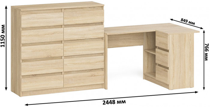Мори компьютерный стол МС-16 правый + Комод МК1200.10, дуб сонома