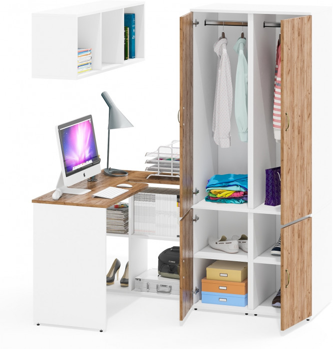 Лидер-8 Стол + Полка + Пенал МД 23Б + Пенал МД 23Б, цвет белый шагрень/крафт золото, ШхГхВ 245х50х75/190 или 115х160/50х75/190 см., НЕ ун. сборка