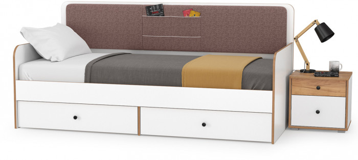Вуди 11.02 Кровать + Тумба 13.287, цвет белый премиум/дуб крафт золотой/саванна латте, ШхГхВ 254,2х94,4х96,5 см, 900х2000 мм, б/м, осн. есть