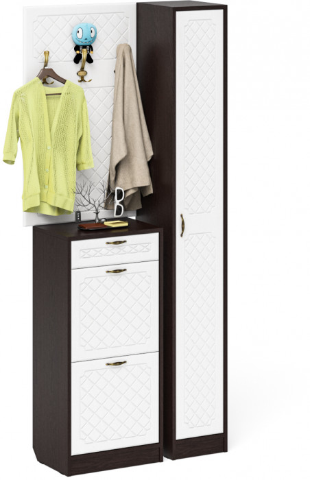 Прихожая П-6 Компоновка № 24, цвет венге/фасады МДФ белое дерево фрезеровка ромб, ШхГхВ 90х35х210 см., универсальная сборка