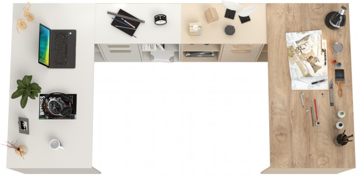 Два Стола письменных Лайт 03.245F, цвет белый шагрень/сатин/дуб эндгрейн элегантный, ШхГхВ 342,7х136х75,2 см.(угл.) или 407х68х75,2 см.(пр.), ун. сб.