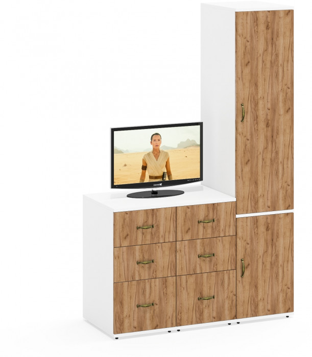 Лидер-8 Пенал МД 23Б + Тумба МД 3.16 + Тумба МД 3.16, белый шагрень/крафт золото