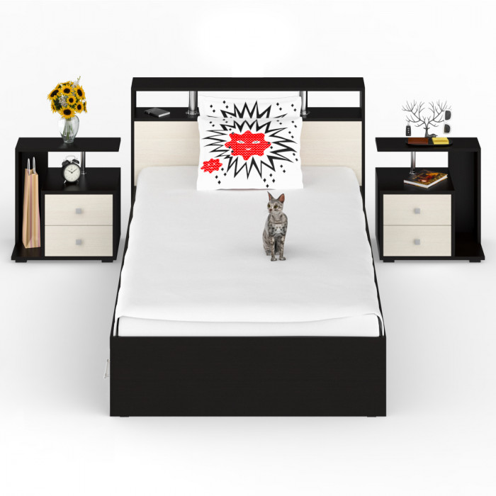 Камелия Кровать с ящиками 1200 + две тумбы, цвет венге/дуб лоредо, ШхГхВ 236х217х78,2 см., сп.м. 1200х2000 мм., без матраса, основание есть