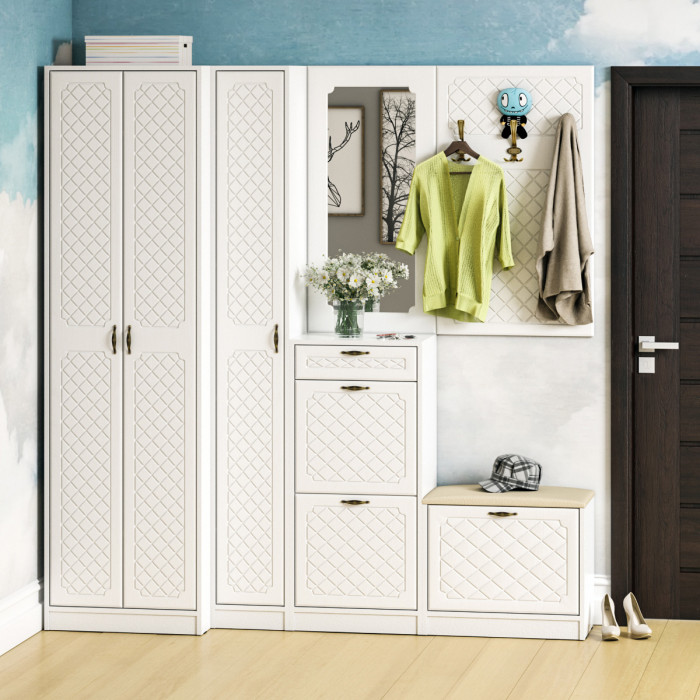 Прихожая П-6 Компоновка № 31, цвет белая шагрень/фасады МДФ белое дерево фрезеровка ромб, ШхГхВ 200х50х210 см., универсальная сборка