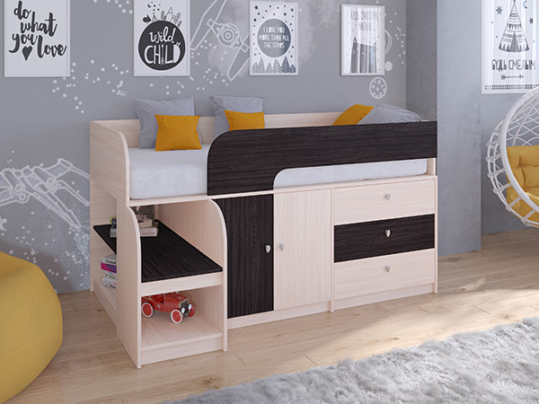 Кровать чердак Астра 9 V1 Дуб молочный/Венге