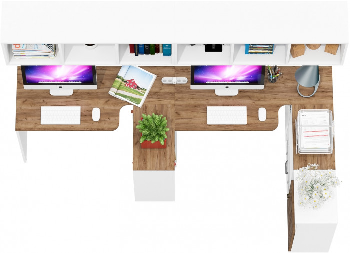 Лидер-8 Стол + Полка + Стол + Полка + Тумба МД 3.19, белый шагрень/крафт золото