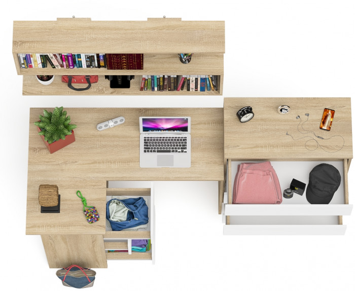 Мори компьютерный стол МС-16 левый + Комод МК800.4 + Полка 1200, дуб сонома/белый