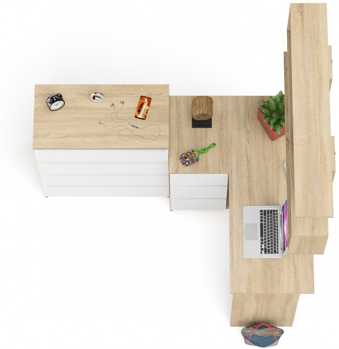 Мори компьютерный стол МС-16 левый + Комод МК800.4 + Полка 1200, дуб сонома/белый