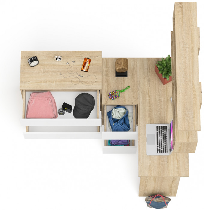 Мори компьютерный стол МС-16 левый + Комод МК800.4 + Полка 1200, дуб сонома/белый