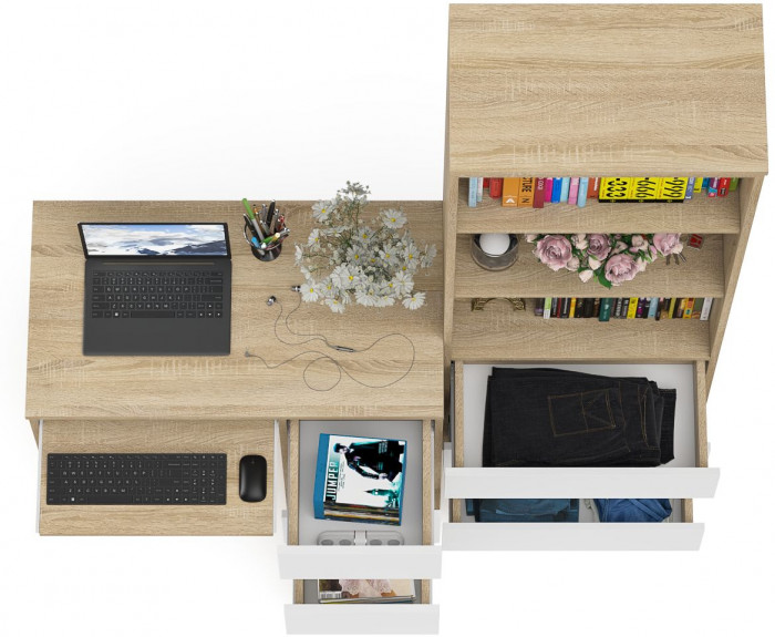 Мори компьютерный стол МС-6 правый + Стеллаж МСТ600.3, дуб сонома/белый