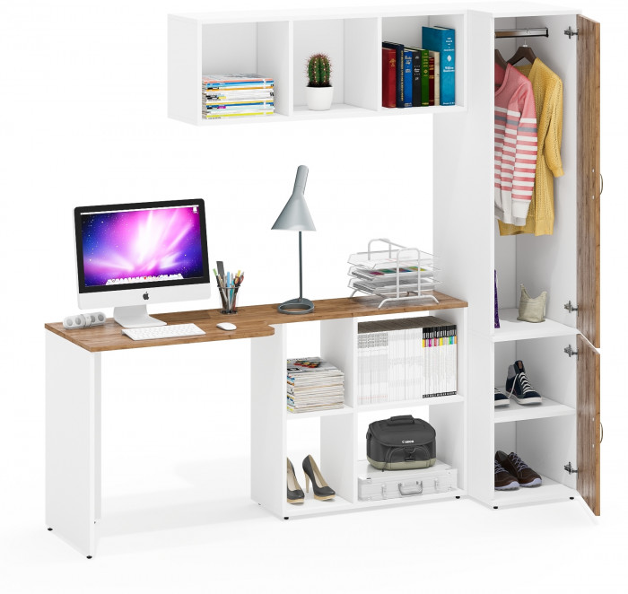 Лидер-8 Стол + Полка + Пенал МД 23Б, цвет белый шагрень/крафт золото, ШхГхВ 205х50/50х75/190 или 115х50/120х75/190 см., НЕ универсальная сборка