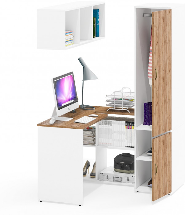 Лидер-8 Стол + Полка + Пенал МД 23Б, цвет белый шагрень/крафт золото, ШхГхВ 205х50/50х75/190 или 115х50/120х75/190 см., НЕ универсальная сборка