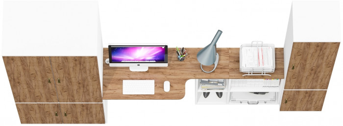 Лидер-8 Шкаф МД 19Б + Стол + Пенал 22Б, белый шагрень/крафт золото