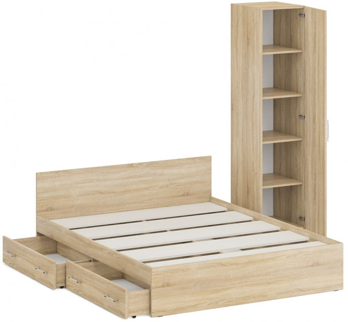 Кровать с ящиками 1600 + Пенал Стандарт, цвет дуб сонома, ШхГхВ 163,5х203,5х70 + 45х52х200 см., сп.м. 1600х2000 мм., без матраса, основание есть