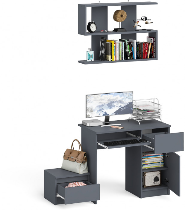 Мори Стол компьютерный МС-1 правый + Тумба ТМП400.1 + Полка 900, цвет графит, ШхГхВ 130,4х50х209,6 см., НЕ универсальная сборка
