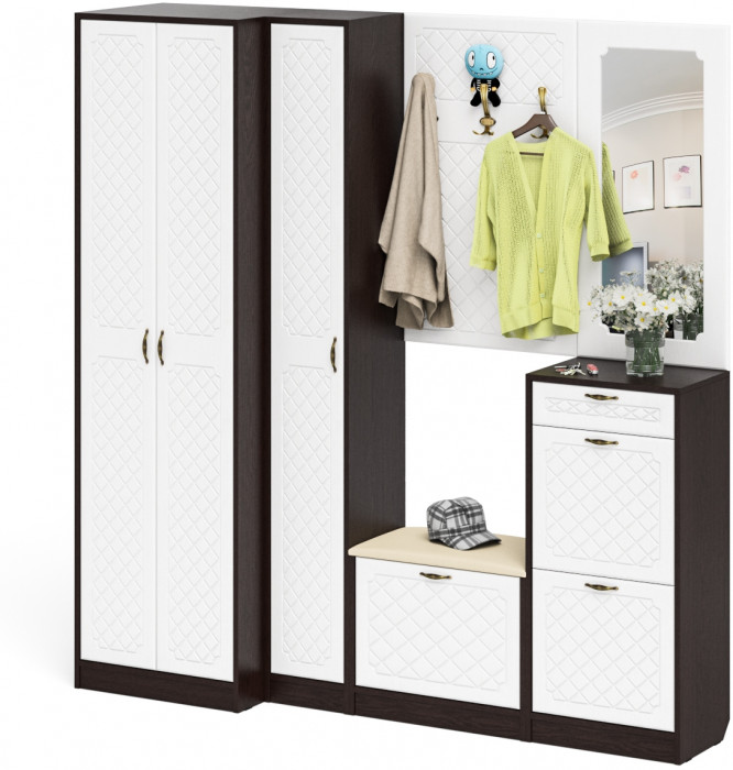 Прихожая П-6 Компоновка № 31, цвет венге/фасады МДФ белое дерево фрезеровка ромб, ШхГхВ 200х50х210 см., универсальная сборка