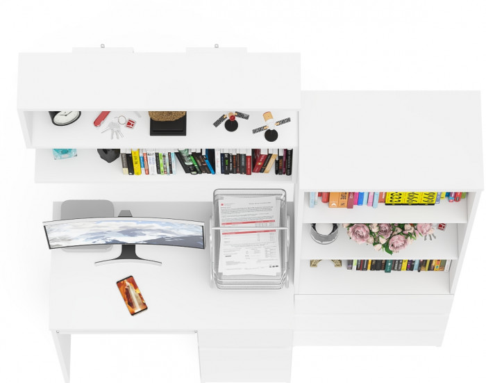 Мори компьютерный стол МС-1 правый + Стеллаж МСТ600.3 + Полка 900, белый