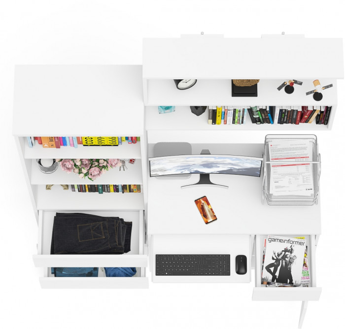 Мори компьютерный стол МС-1 правый + Стеллаж МСТ600.3 + Полка 900, белый