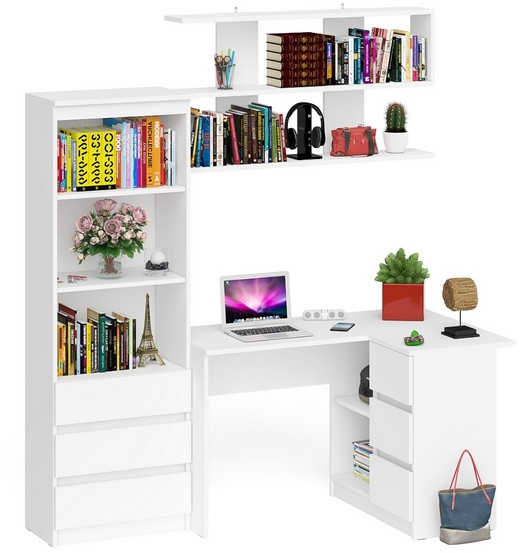 Мори компьютерный стол МС-16 правый + Стеллаж МСТ600.3 + Полка 1200, белый