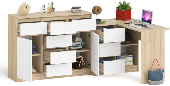 Мори Стол компьютерный МС-16 левый + Комод МК1200.4, цвет дуб сонома/белый, ШхГхВ 244,8х84,9х94 см., выдвижные ящики слев, НЕ универсальная сборкаа