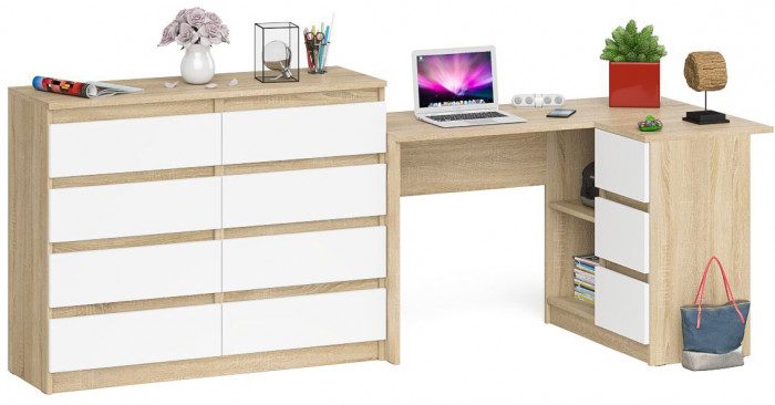 Мори Стол компьютерный МС-16 правый + Комод МК1200.8, цвет дуб сонома/белый, ШхГхВ 244,8х84,9х94 см., выдвижные ящики справа, НЕ универсальная сборка