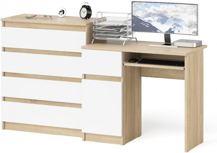 Мори компьютерный стол МС-1 левый + Комод МК800.4, дуб сонома/белый