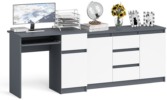 Мори компьютерный стол МС-1 правый + Комод МК1200.3, графит/белый