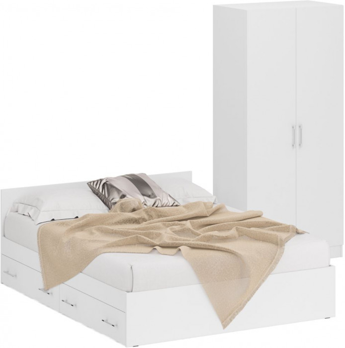 Кровать с ящиками 1600 + Шкаф 2-х створчатый Стандарт, цвет белый, ШхГхВ 163,5х203,5х70 + 90х52х200 см., сп.м. 1600х2000 мм., б/м, основание есть