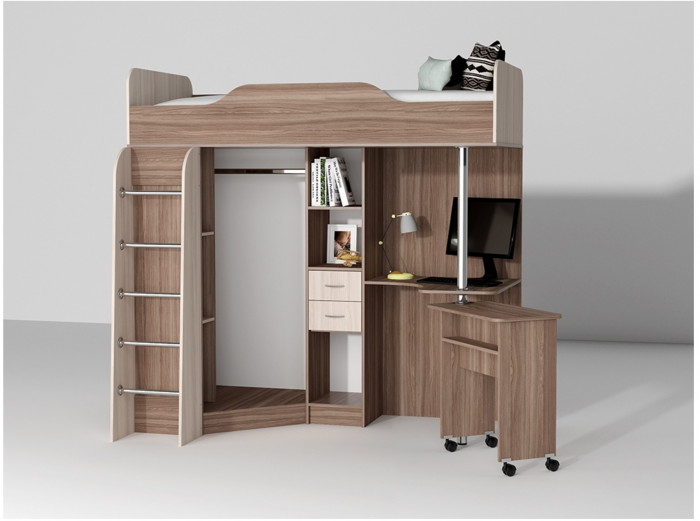 Кровать-чердак Бриз-1 80х190 (Бетон Светлый / Белый Глянец)