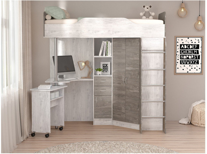 Кровать-чердак Бриз-1 80х190 (Бетон Светлый / Белый Глянец)