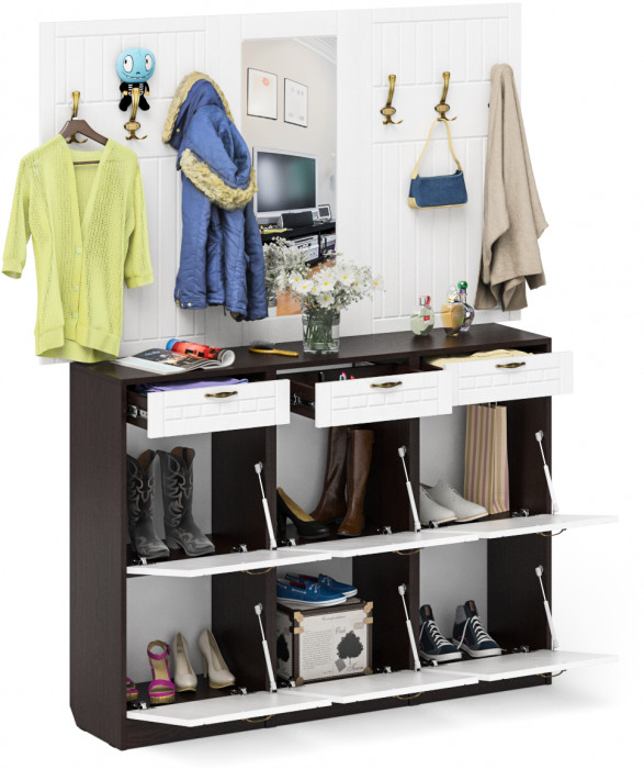 Прихожая П-6 Компоновка № 06, цвет венге/фасады МДФ белое дерево фрезеровка прованс, ШхГхВ 170х35х200 см., универсальная сборка