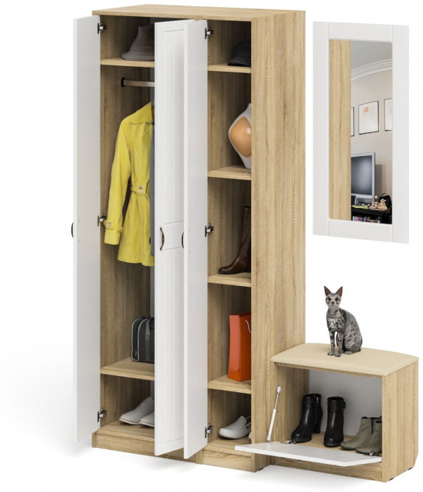 Прихожая П-6 Компоновка № 46, цвет дуб сонома/фасады МДФ белое дерево фрезеровка прованс, ШхГхВ 150х50х210 см., универсальная сборка