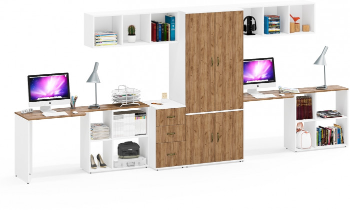 Лидер-8 Стол + Полка + Стол + Полка + Шкаф МД 19Б + Тумба МД 3.16, белый шагрень/крафт золото