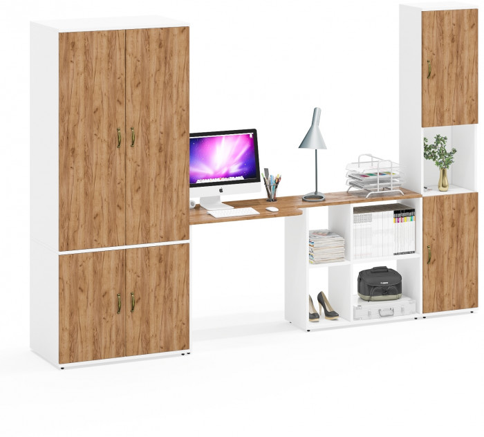 Лидер-8 Шкаф МД 19Б + Стол + Пенал, белый шагрень/крафт золото