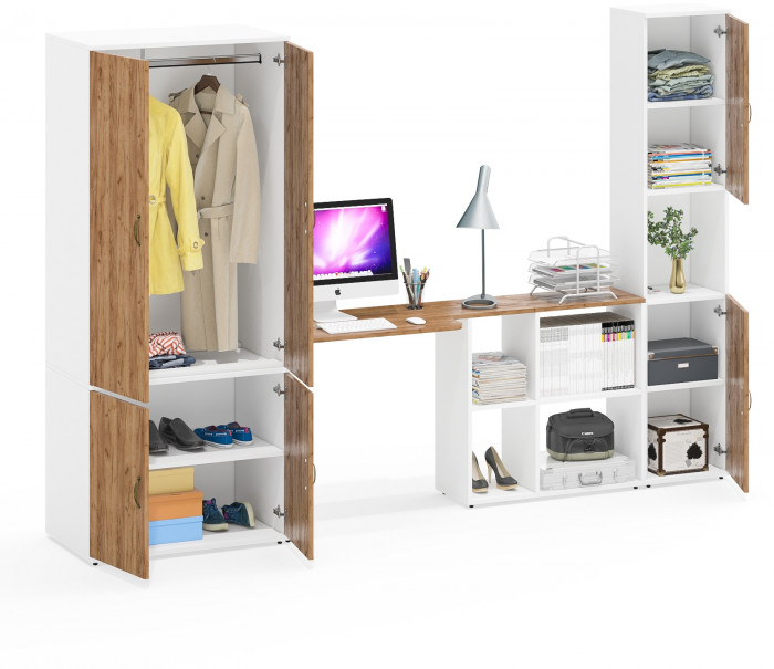 Лидер-8 Шкаф МД 19Б + Стол + Пенал, белый шагрень/крафт золото