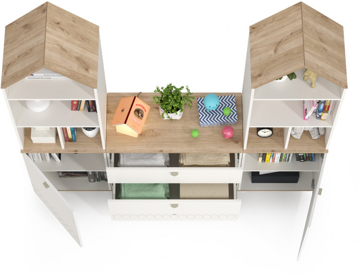 Эйп 13.14 Стеллаж + 13.322 Комод + 13.14 Стеллаж, цвет белый/дуб белый, ШхГхВ 191х41,5х183,8 см., универсальная сборка