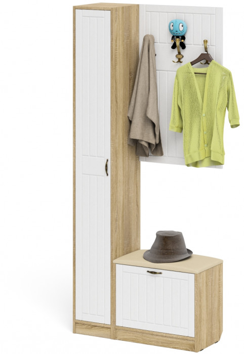 Прихожая П-6 Компоновка № 21, дуб сонома/фасады МДФ белое дерево фрезеровка прованс