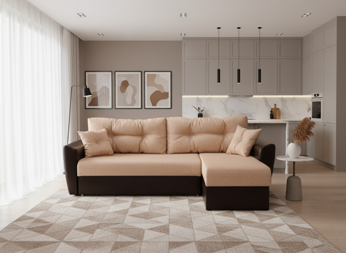 Диван-еврокнижка угловой Амстердам, 160х200, рогожка/экокожа бежево-коричневый