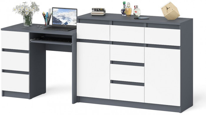Мори компьютерный стол МС-6 левый + Комод МК1200.4, графит/белый