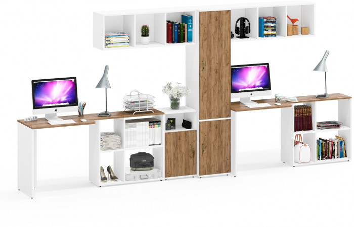 Лидер-8 Стол + Полка + Стол + Полка + Пенал МД 21Б + Тумба МД 3.19, цвет белый шагрень/крафт золото, 410х50/37,5х75/190 или 230х160/50х75/, НЕ ун. сб.