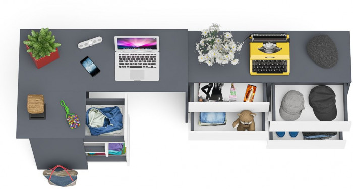 Мори Стол компьютерный МС-16 левый + Комод МК1200.6, цвет графит/белый, ШхГхВ 244,8х84,9х76,6 см., выдвижные ящики слева, НЕ универсальная сборка