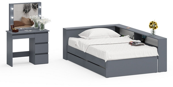 Ксения Кровать с ящиками 1200 + прикроватный блок + Столик с подсветкой Сура, графит
