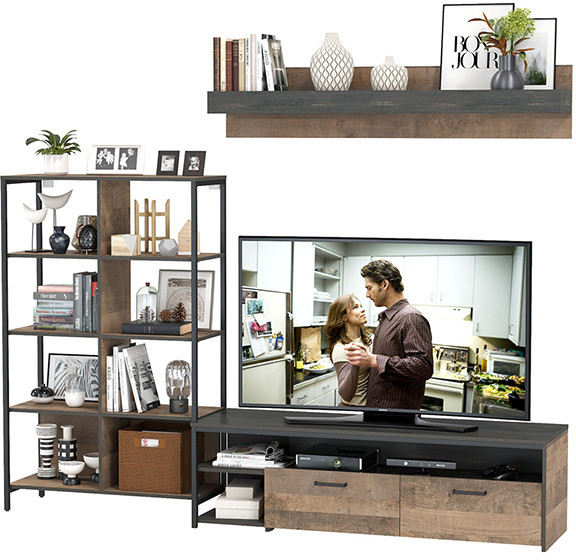 Трувор 13.70 Тумба под ТВ + 13.151.02 Стеллаж + 15.60 Полка, цвет дуб гранж песочный/интра, ШхГхВ 239,8х45,4х146 см., универсальная сборка