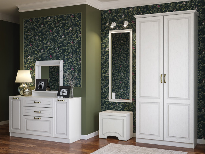 Ливерпуль Пуф 14.02 + Зеркало 03.242 + Шкаф для одежды + карниз 1000, цвет ясень ваниль/белый, универсальная сборка