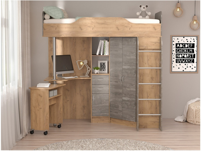 Кровать-чердак Бриз-1 80х190 (Бетон Светлый / Камень Темный)