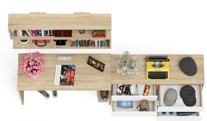 Мори письменный стол МСП1200.1 + Комод МК1200.6 + Полка 1200, дуб сонома/белый