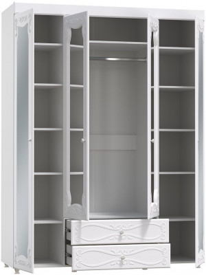 Шкаф 4-х дверный с ящиками и 4-я зеркалами Италия ИТ-64 белое дерево