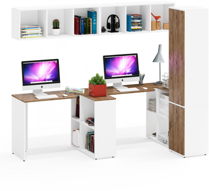 Лидер-8 Стол + Полка + Стол + Полка + Пенал МД 21Б, цвет белый шагрень/крафт золото, ШхГхВ 370х50/37,5х75/190 или 230х50/120х75/190 см., НЕ ун. сборка